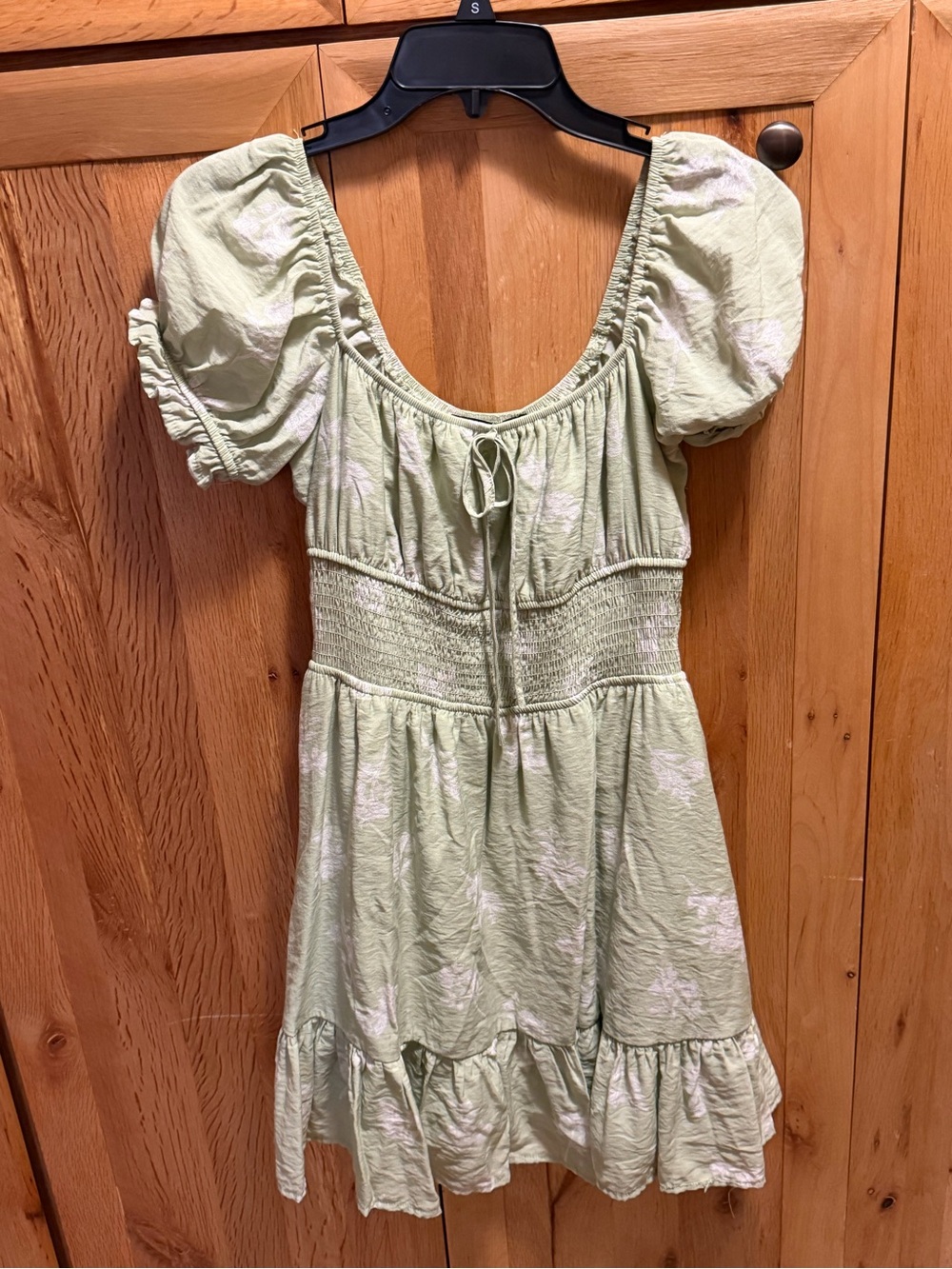 Light Green Puff Sleeve Mini Dress with Smocked Waist